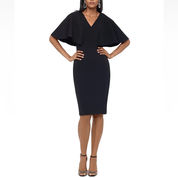 BETSY & ADAM Black Flutter V Neck Knee Length Party Sheath Dress - Reemoly - Picture 3 of 15